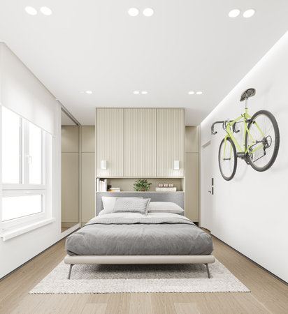 Clean contemporary bedroom with platform bed and natural lighting, 3D rendering.の写真素材