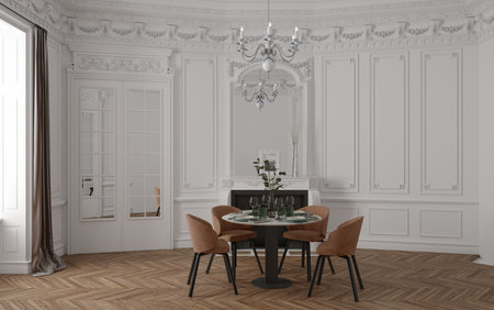 3d rendering of an elegant white rococo dining room with a prepared table, chandelier, and fireplace.の写真素材