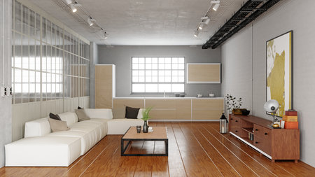Industrial modern loft living room and kitchen interior with concrete walls, wood floor, and large white sofa. 3d rendering for real estate.の写真素材