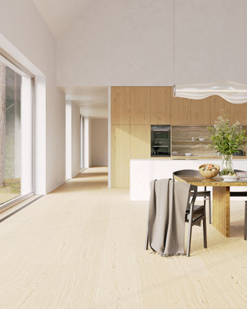 Modern home interior with kitchen, dining area and floor to ceiling window for renovation background. 3d rendering.の写真素材