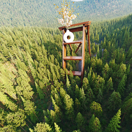 Wooden staircase with flowers and vase above forest, abstract concept of ecological sustainability and nature connection for environmental awareness. 3d renderの写真素材