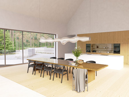 Open plan loft living spacious dining and kitchen area with natural light and wooden details. Modern luxury home interior 3d rendering for real estate.の写真素材
