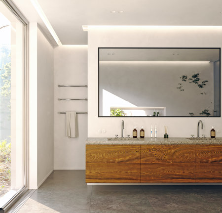 Modern bathroom design with a wooden vanity, and large mirror. Contemporary interior concept for home furnishing and decoration. 3d renderの写真素材