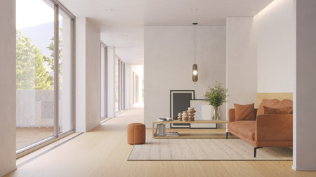 Living room with a modern minimalistic interior design and large panoramic window. Spacious bright apartment concept for home. 3d renderの写真素材