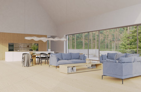Modern open plan living area with blue sofas and kitchen overlooking a forest. Contemporary home interior design, 3d rendering.の写真素材