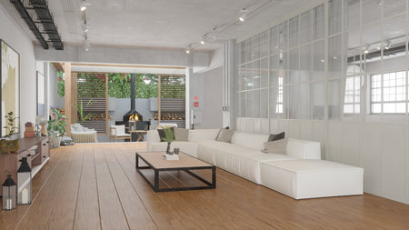 Interior of modern living room with comfortable white sectional sofa, stylish coffee table, and an outdoor patio view. 3d renderの写真素材