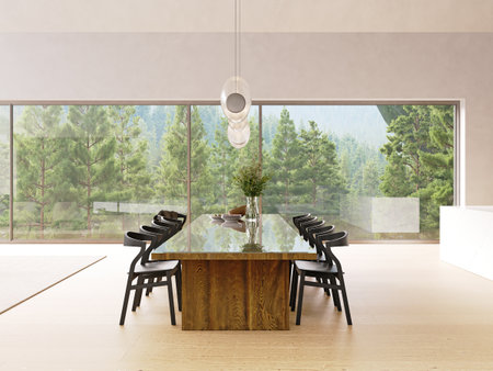 Modern dining room interior with a large window and forest view for luxurious home decor and furniture design. 3d renderの写真素材