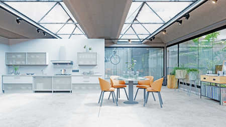 Bright interior of modern kitchen and dining area inside a contemporary house with large glass windows and concrete roof. House design concept for real estate. 3d renderの写真素材
