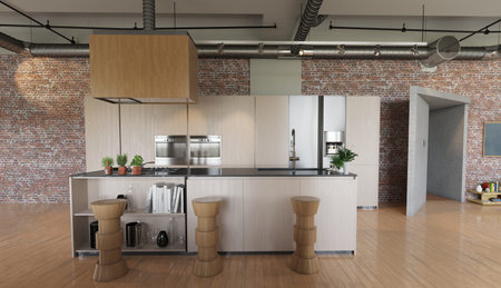 Kitchen: wood cabinets, island with top stools. Appliances ovens fridge on brick wall. Ceiling ducts...