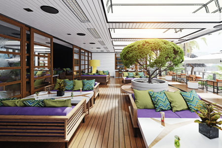 3D rendering of a modern restaurant terrace with colorful furniture. Outdoor lounge at a luxury...
