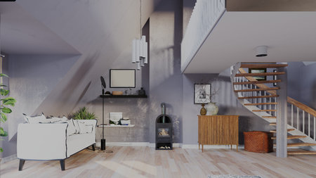 A 3D rendering of a modern loft apartment interior with a white sofa, wood-burning stove, and a...