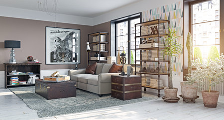 A sunlit, eclectic living room interior featuring a gray sofa, leather trunk tables, industrial...