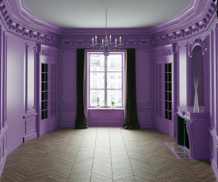 A 3D render of an empty, classic Parisian-style room with ornate moldings and a herringbone wood floor, all painted in a striking purple color.の写真素材