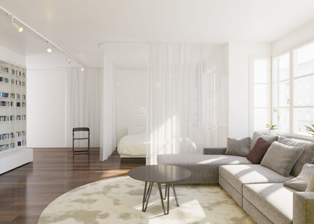 A 3D render of a modern, minimalist studio apartment with an open-plan layout. The living room and...