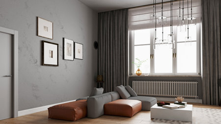 A 3D rendering of a modern living room featuring a modular sofa, textured gray walls, a large window...