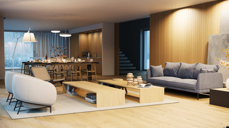 A modern living room features a grey sofa, white armchairs, and a dining area. Large windows reveal...