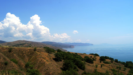 Wonderful landscape of mountain on seacoastの写真素材
