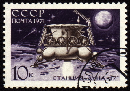 Postage stamp printed in USSR shows soviet automatic station Luna-17, moon-landing on Lunar surface, circa 1971の写真素材