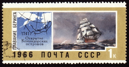 USSR - CIRCA 1966: stamp printed in USSR, shows Bering's discovery of the Commander Islands, circa 1966の写真素材