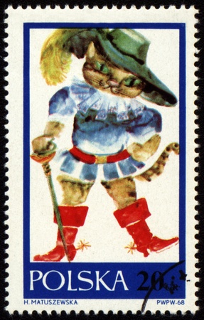 POLAND - CIRCA 1968: a stamp printed in Poland, shows drawing from tale 'Puss in Boots', circa 1968の写真素材