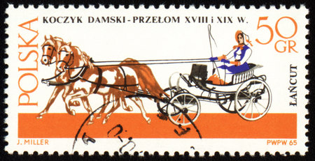 POLAND - CIRCA 1965: a stamp printed in Poland shows old chariot - chaise (XVII-XIX century), circa 1965の写真素材