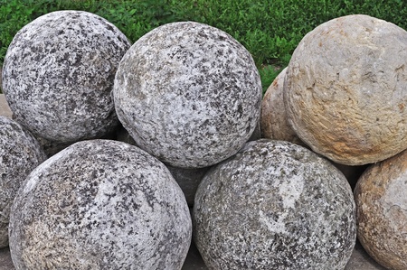 Collection of old stone cannon balls in ancient russian Goritsky monastery of Pereslavl-Zalesskyの写真素材