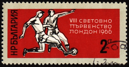 BULGARIA - CIRCA 1966: A stamp printed in Bulgaria shows World Football Championship in London, circa 1966の写真素材