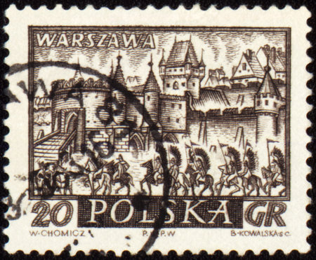 POLAND - CIRCA 1960: a stamp printed in Poland, shows medieval town of Warsaw with cavalry, circa...