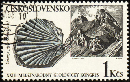 CZECHOSLOVAKIA - CIRCA 1968: A stamp printed in Czechoslovakia, shows rocks and mollusc fossil, devoted to the 23 International Geological Congress, circa 1968の写真素材