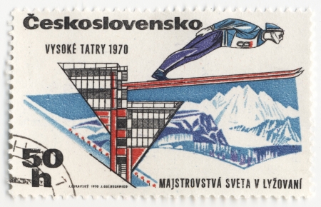 CZECHOSLOVAKIA - CIRCA 1970  A post stamp printed in Czechoslovakia shows ski jumper, dedicated to the  World Cup in skiing in High Tatras, series, circa 1970のeditorial素材