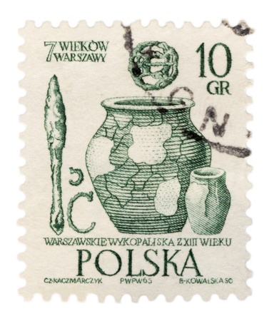 POLAND - CIRCA 1965  A stamp printed in Poland shows Warsaw excavations of the 13th century, series, circa 1965の写真素材