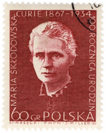 POLAND - CIRCA 1967  A stamp printed in Poland shows portrait of Nobel prize winner polish scientist Marie Curie, circa 1967のeditorial素材