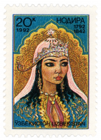 Uzbekistan - CIRCA 1992  post stamp printed in Uzbekistan shows portrait of Uzbek poetess Nadira  1792-1842 , circa 1992のeditorial素材