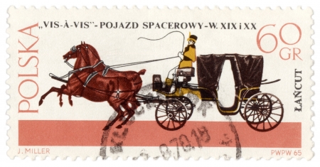 POLAND - CIRCA 1965: a stamp printed in Poland shows old carriage - Vis-A-Vis (XIX - XX century), circa 1965のeditorial素材