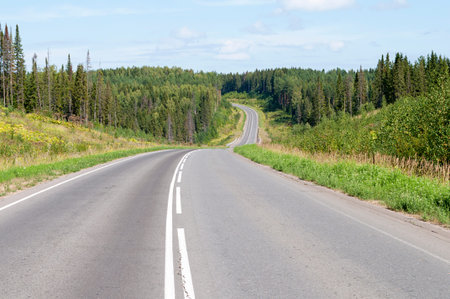 Asphalt road across the forest and hills