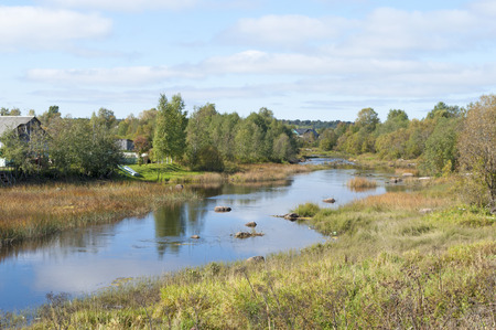 Ukhta River in the village Pesok, Kargopol District of the Arkhangelsk region, Russia. Sunny autumn dayのeditorial素材