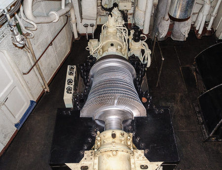Murmansk, Russia, August 13, 2015. Steam turbine of the first Soviet nuclear-powered icebreaker...