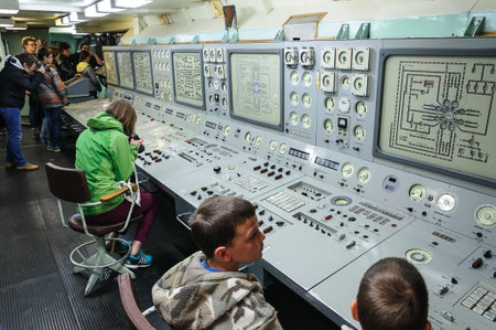 Murmansk, Russia, August 13, 2015. Tourists on the icebreaker Lenin. The post of Energy and...
