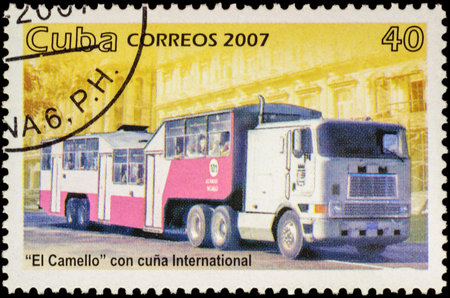 MOSCOW, RUSSIA - FEBRUARY 10, 2016: A stamp printed in Cuba shows omnibus El Camello, series "Public Transport", circa 2007のeditorial素材