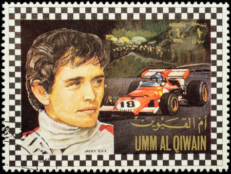 MOSCOW, RUSSIA - FEBRUARY 14, 2016: A stamp printed in Umm al-Quwain shows Jacques Bernard "Jacky" Ickx - Belgian racing driver in Formula One, series, circa 1972のeditorial素材