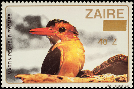 MOSCOW, RUSSIA - FEBRUARY 28, 2016: A stamp printed in Zaire shows African pygmy kingfisher (Ispidina picta), series "Birds", circa 1982のeditorial素材