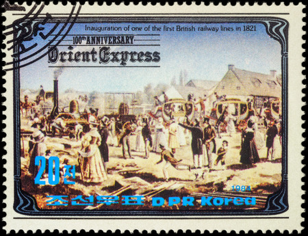 MOSCOW, RUSSIA - MAY 10, 2016: A stamp printed in North Korea, shows Inauguration of the first British railway line in 1821, series "The 100th Anniversary of the 
Orient Express", circa 1984のeditorial素材