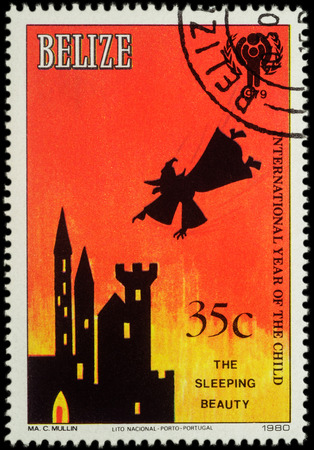 MOSCOW, RUSSIA - MAY 14, 2016: A stamp printed in Belize shows illustration to fairy tale "Sleeping Beauty", series "International Year of the Child", circa 1980のeditorial素材