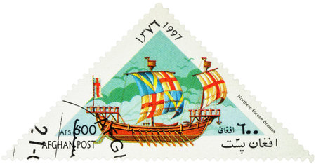 MOSCOW, RUSSIA - MAY 17, 2016: A stamp printed in Afghanistan shows image of ancient Northern Europe warship dromon, series "Sailing Ships", circa 1997のeditorial素材