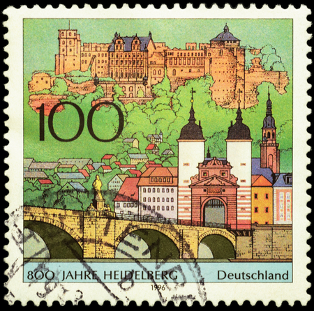 MOSCOW, RUSSIA - JUNE 02, 2016: A stamp printed in Germany shows ancient German city Heidelberg, devoted to the 800th Anniversary of Heidelberg, circa 1996のeditorial素材