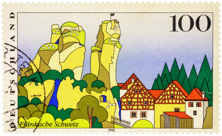 MOSCOW, RUSSIA - JUNe 02, 2016: A stamp printed in Germany shows French Switzerland, series "Landscapes", circa 1995のeditorial素材