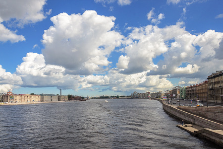 View of Neva river and Voskresenskaya (Resurrection) embankment in St. Petersburg, Russia. Sunny summer dayの写真素材