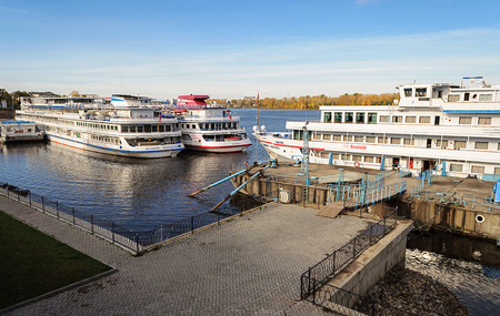 Passenger ships at the berth of Uglich, Volga river, Russiaのeditorial素材