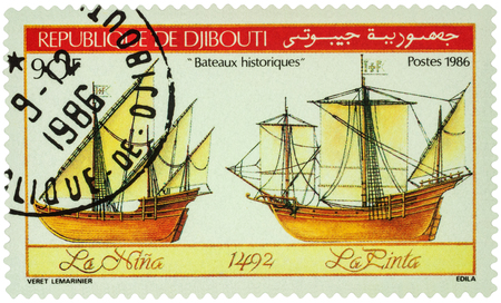MOSCOW, RUSSIA - AUGUST 05, 2016: A stamp printed in Djibouti shows antique sailing ships "La Nina" and "La Pinta", series "Historic Ships of Columbus, 1492", circa 1986のeditorial素材