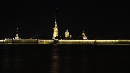 Night view of Neva River and Peter and Paul Fortress in St. Petersburg, Russiaのeditorial素材